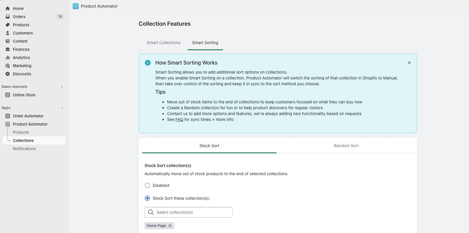Product Automator — Smart Sorting settings